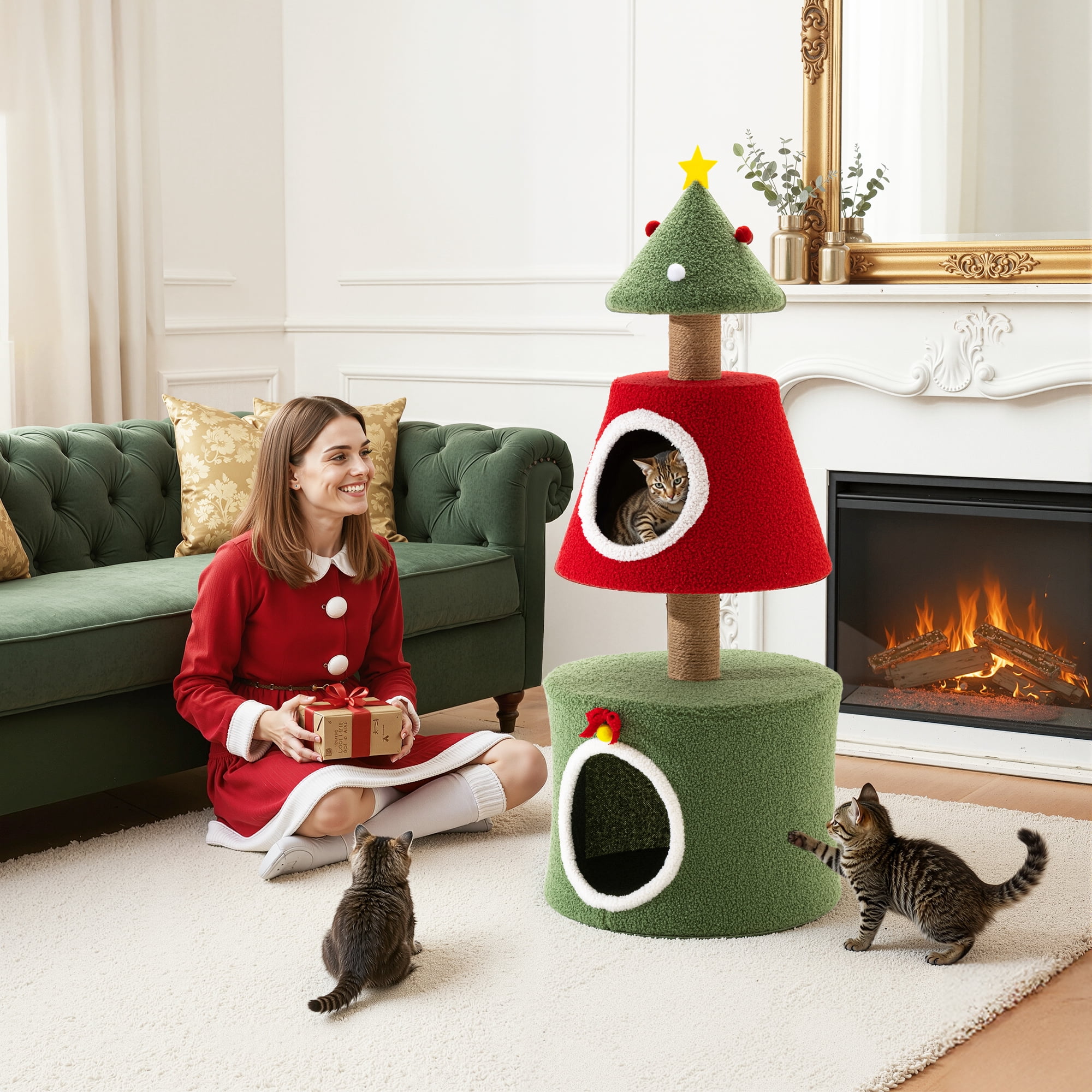VENTOPYR Christmas Tree Shaped 40" Cat Tree with Scratching Post & Cat Condo Playhouse