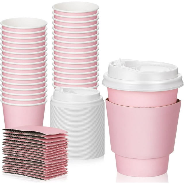 48 Pcs 12 oz Disposable Coffee Cups with Lids and Sleeves Bulk, Insulated Hot Chocolate Paper Cup for Hot and Cold Beverage Water Juice Cocoa Tea Party Restaurants Travel Supplies (Pink)