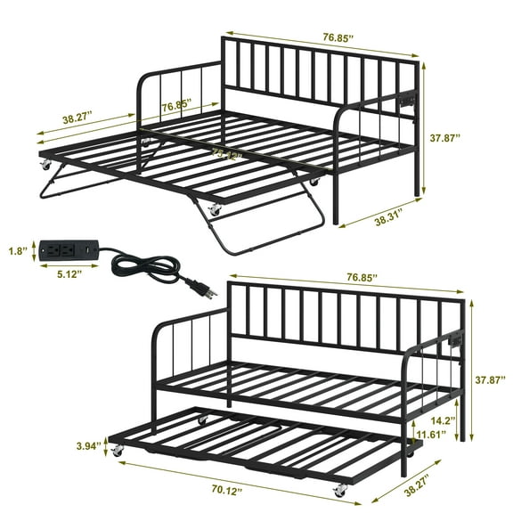 Bed Frame Twin Daybed with Trundle, Metal Trundle Bed, Sofa Bed Frame with Heavy Duty Metal Slats Sppports, Space Saving, for Living Room, Bedroom and Guest Room,Platform Bed Frame