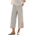 thumbnail image 2 of Utoimkio Women's Cropped Pants Linen Elastic Waist Floral Embroidery Capri Trousers with Side Pockets for Summer Beach Daily Walk, 2 of 9