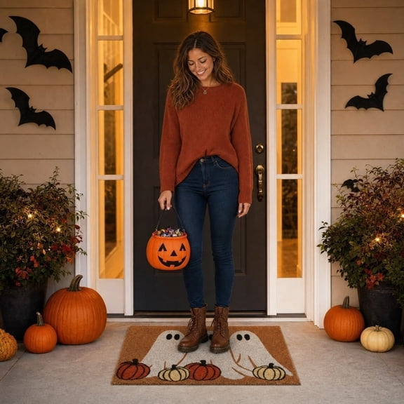 Ohmyroo Ghost Pumpkin Doormat, Cute Fall Halloween Welcome Mat For Front Porch