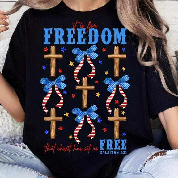 Christian 4th of July T-Shirt, Bible Verse Cross Tee, Patriotic Coquette Style, Faith and Freedom