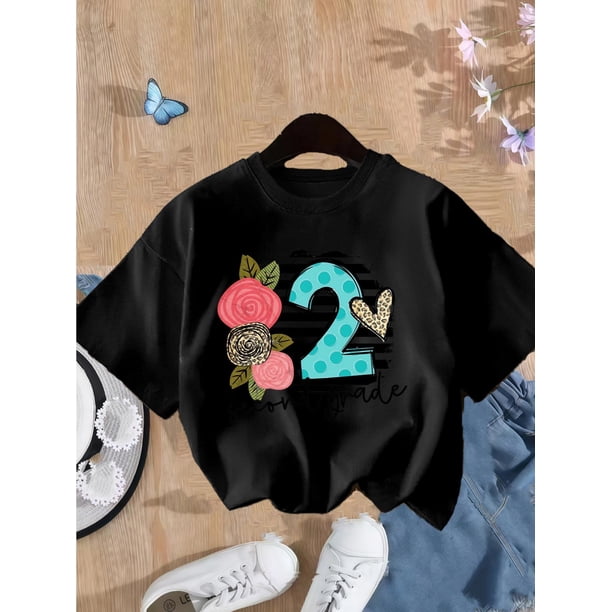 Girls' 2nd Grade 100 of School Celebration Short Sleeve T-Shirt - Soft Casual Top with Playful Lettering, Hearts & Floral Design, 100% Cotton Stretch Fabric for Back to School & Summer