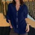 thumbnail image 2 of UYISJ Women's Cotton Linen Tops V Neck Rolled Long Sleeve Button T Shirts Solid Color Dressy Casual Loose Work Business Blouses Navy Blue S, 2 of 6