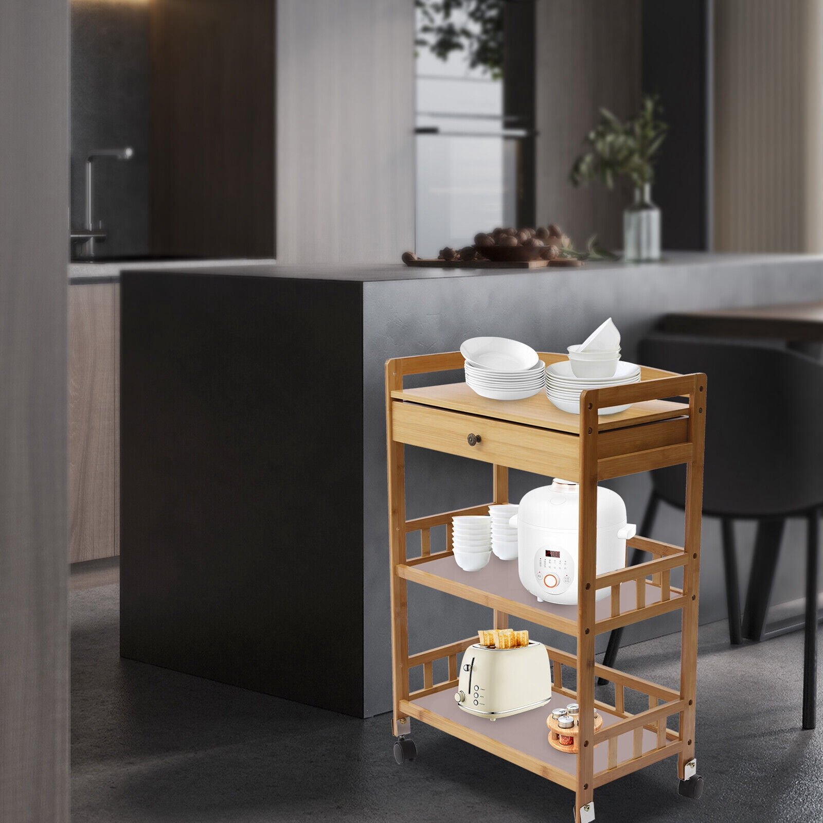 3 Tier Bamboo Kitchen Serving Cart, Rolling Kitchen Island Cart with Storage Drawer, Universal Lockable Casters, Anti-Slip Nets, Food Prepping Cart for Home Dining Room Hotel