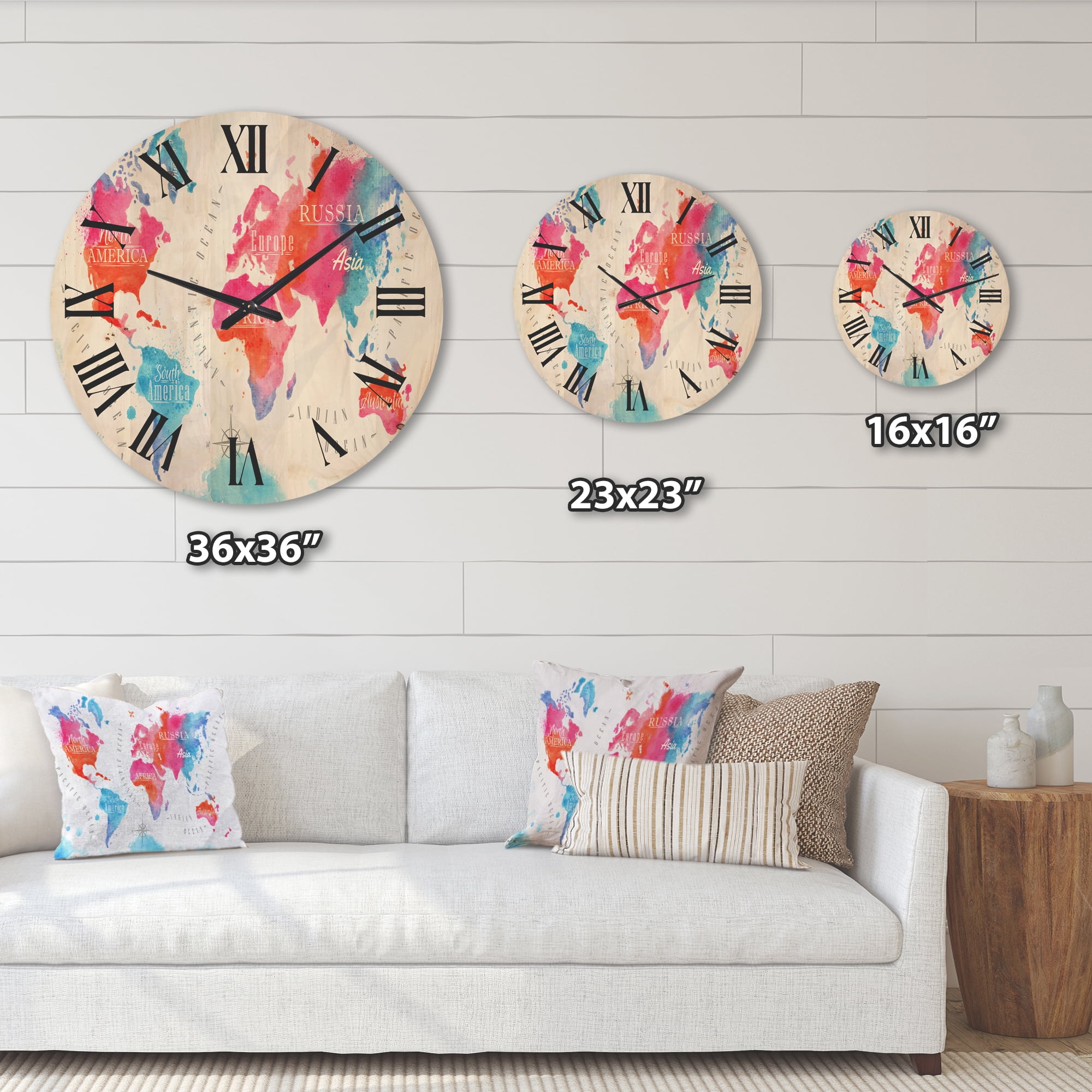 Designart 'World Map In Blue and Pink' Modern Wood Wall Clock
