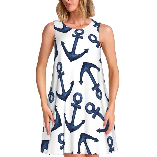 Easygdp Navy Blue Anchors para Vestido Transpirable de Mujer, Vestido Suelto de Manga Corta con Pliegues y Bolsillos para el Verano