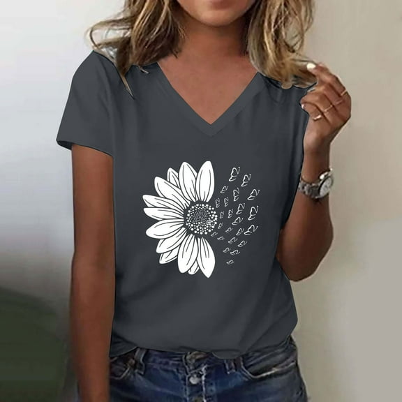 Gray Young Adult Tops Women's Sunshade Summer T Shirt Plus Size Loose Top Top Girls Short Sleeve Graphic Casual V Neck T Shirt Going Out Tops for Women
