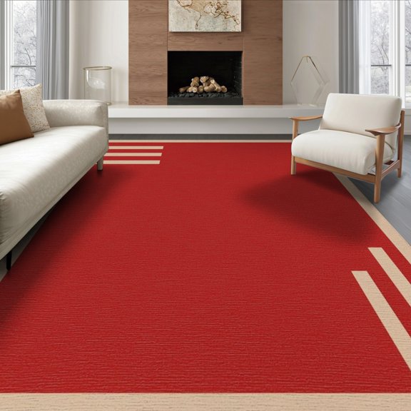 ODIKA 8'x10' Washable Area Rug Red Beige Minimalist Geometric Design Elegant Rectangular Layout with Modern Stripes for Dining Room, Large Office, Lounge, Non-Slip Chair-Friendly Mat
