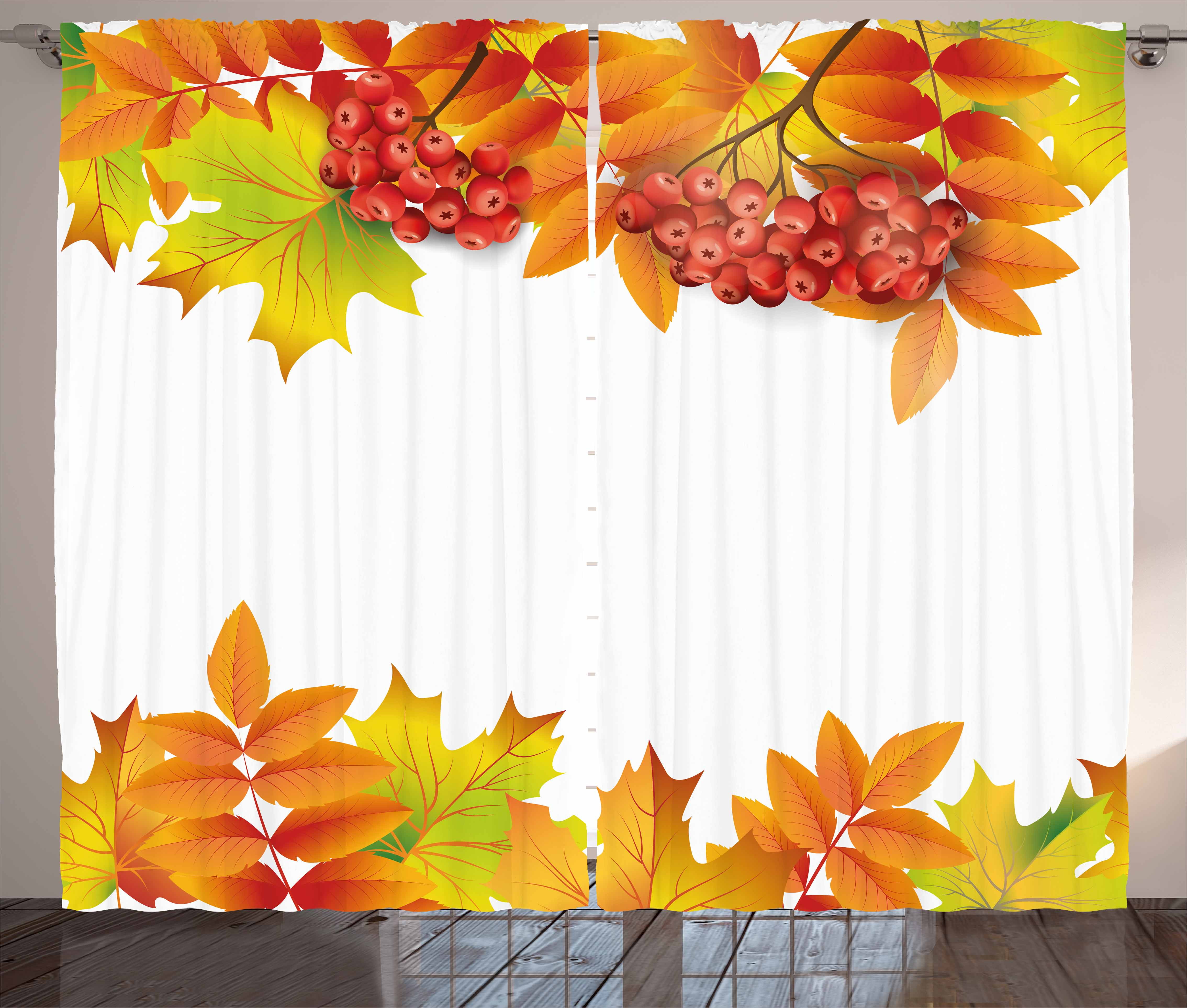 Rowan Curtains 2 Panels Set Autumn Branches Border Design With Red