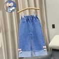 thumbnail image 2 of Auroural Girls Jeans under $10.00 Girls' Jeans Bow-Shaped Decoration Children's Straight Leg Wide Leg Jeans Loose and Versatile Elastic Waist Pants Blue, 2 of 5