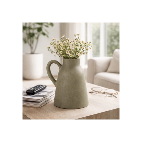 Terracotta Vase with Handle for Living Room Decor - Decorative Flower Vase for Bedroom, House Display, and Office Desk - Modern Home Decor Accent for Dining Room Table Centerpiece - 9", Green