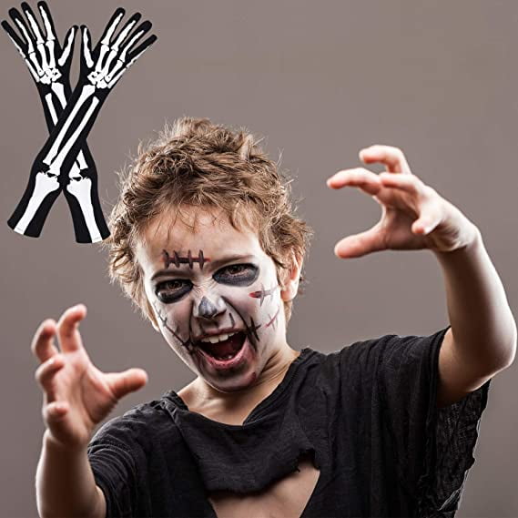 Guantes De Esqueleto Halloween 2 Pares – Cortos Y Largos Con Huesos Y Calavera Para Disfraz De Adultos – Blanco Y Negro, Talla Única