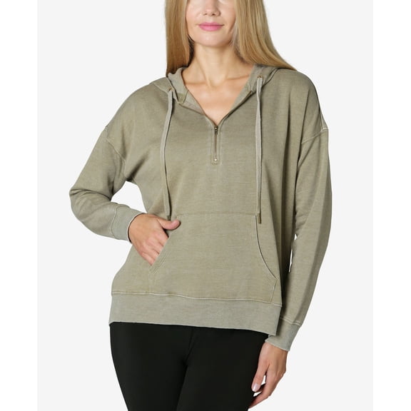 Ultra Flirt Womens Juniors’ Oversized Quarter-Zip Hoodie, Vetiver, Small