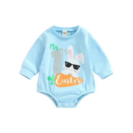 

Frobukio Newborn Baby Girls Easter Romper Casual Long Sleeve O Neck Jumpsuit Letter Bunny Print Playsuit Bodysuit Blue　3-6 Months