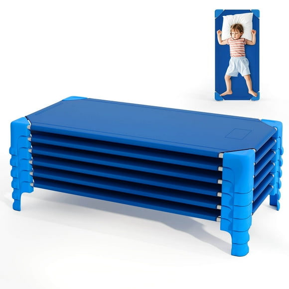 Costway 6 Pack Stackable Daycare Cots with Easy Lift Corners Heavy-Duty Metal Frame Kids Blue