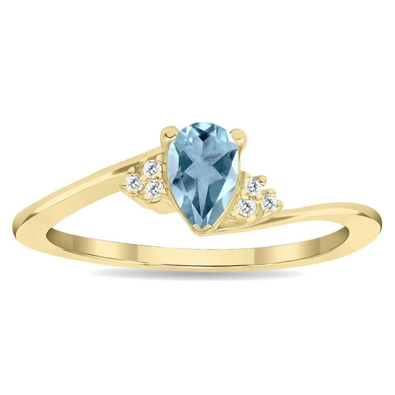 SZUL Women's Pear Shaped Aquamarine and Diamond Tierra Ring in 10K Yellow Gold