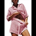 thumbnail image 2 of Conjunto de Suéter de Mujer de 2 Piezas, Top de Punto con Cuello en V y Mangas 3/4 Extragrandes, Pantalones Cortos de Cintura Alta, Conjuntos de Estar por Casa. Rosa XL, 2 of 8