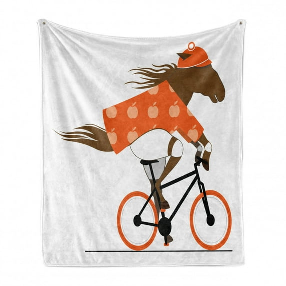 Horse Soft Flannel Fleece Throw Blanket, Illustration of Cyclist Horse Riding a Bicycle and Wearing Orange Outfits, Cozy Plush for Indoor and Outdoor Use, 50" x 60", Brown Orange Black, by Ambesonne