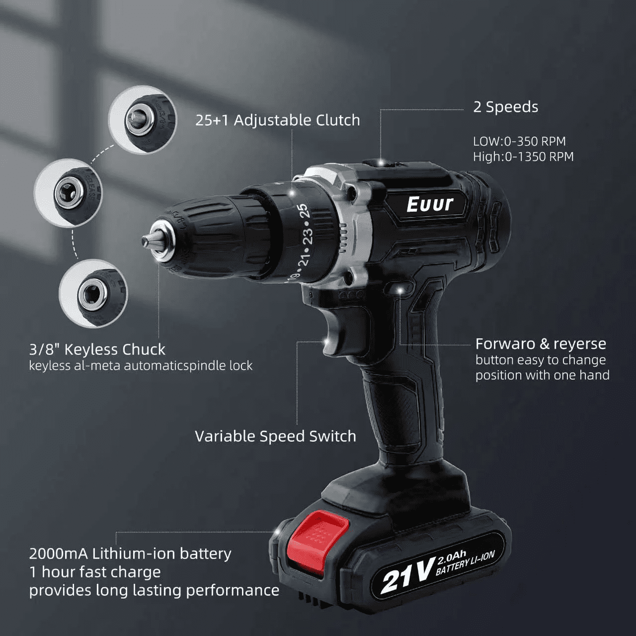 Euur Cordless Drill, 21V Power Drill Set, 25+1 Position Adjustable Torque Electric Drill, 2-Speed Transmission For Screwdriving And Drilling, Black