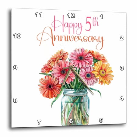 3drose Happy 5th Anniversary Jar of Daisies 15×15 Wall Clock