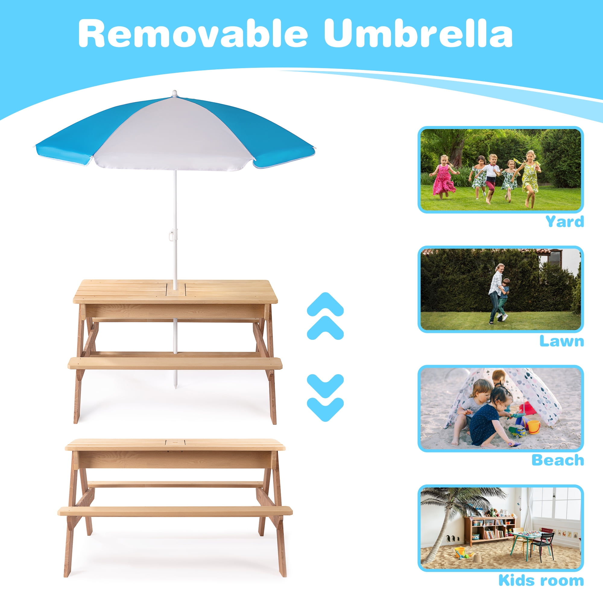 3-in-1 Outdoor Wooden Picnic Table With Umbrella, Convertible Sand & Water Activity Table
