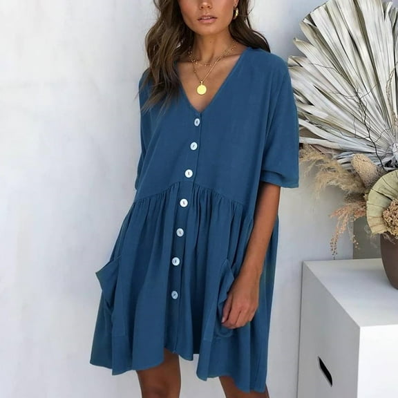 Women's Solid Loose V-Neck Ladies Casual Half Sleeve Button Pocket Mini Dress Knit Dress Women Button Front Dress Womens Summer Dresses Sexy Woman's Dresses Summer Women Vintage Dress Dress for Women