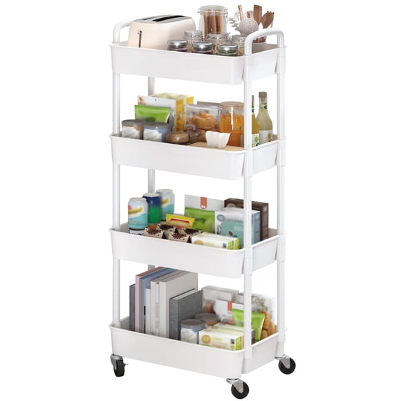 Carrito utilitario rodante Sywhitta de plástico de 4 niveles con asa, blanco