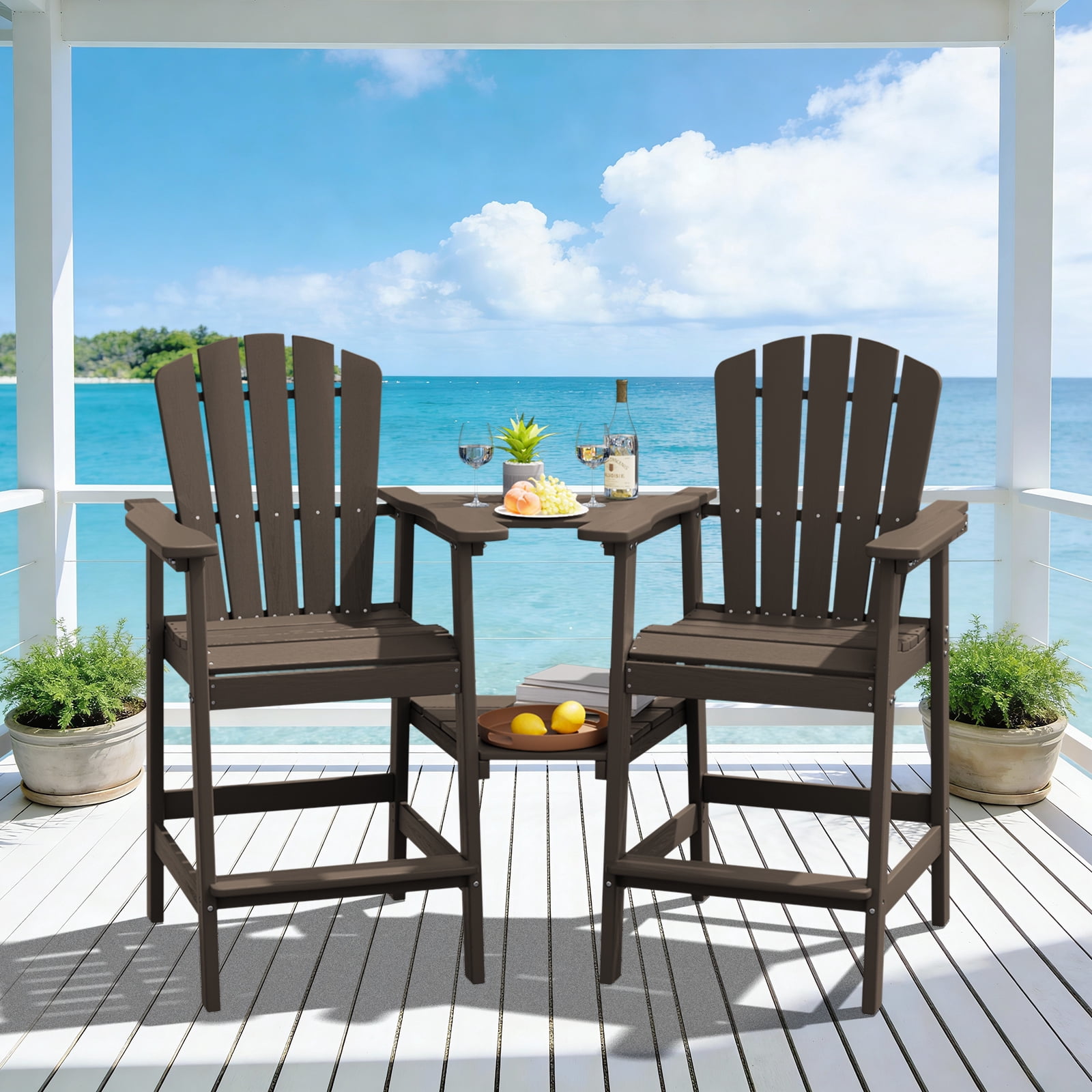 LOYALICE Tall Plastic Adirondack Chair Set of 2 W/ Outdoor Barstools and Connecting Tray, Coffee