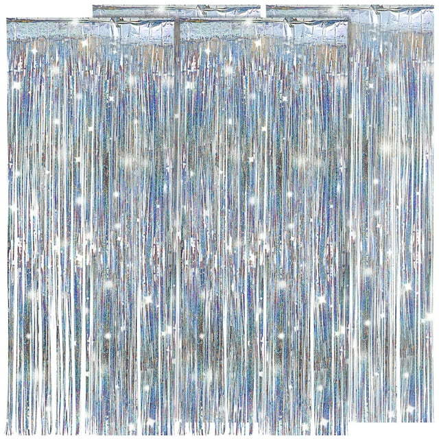 4 Pcs Toiles de Fond à Franges Argentées Rideaux de Fond de Fête à Franges en Feuille d'Argent Serpentins de Rideau Décorations de Fête