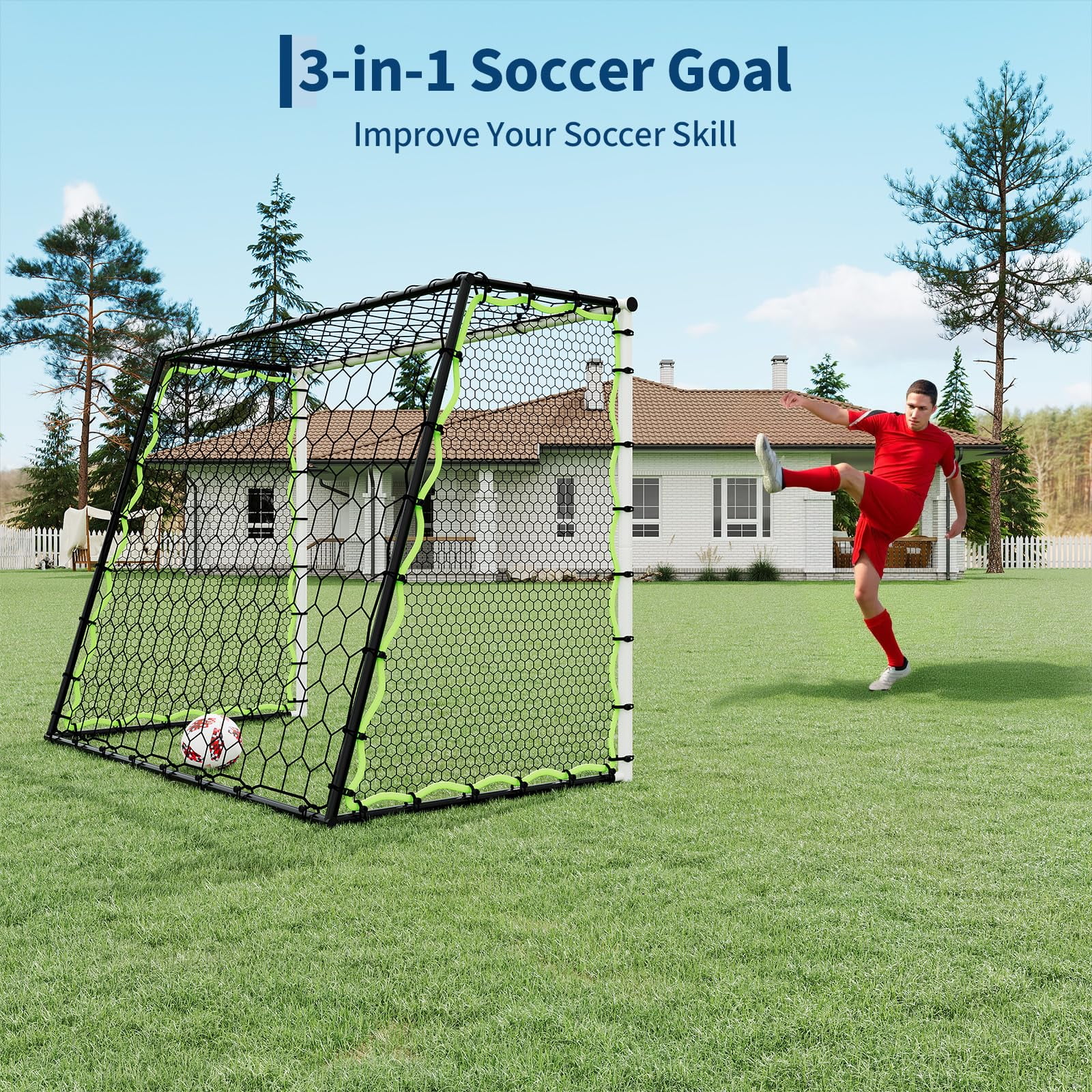 3-in-1 Soccer Rebounder Net 7x5ft, Large Football Goal Trainer with High, Low Shot Zones, Durable Steel Frame, for, Passing, Ball Control, Solo, Team Skill Practice