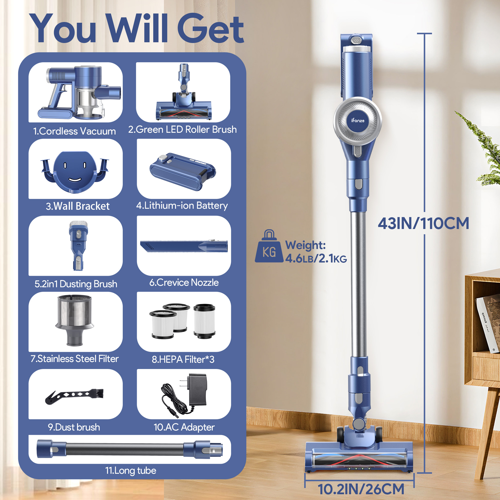 Qunler Cordless Vacuum Cleaner for Home, Self-Standing Stick Vacuum with Rechargeable 2200mAh Detachable Battery for Hardwood Floors, Carpets, and Pet Hair, Green LED Lights Reveal Invisible Dust