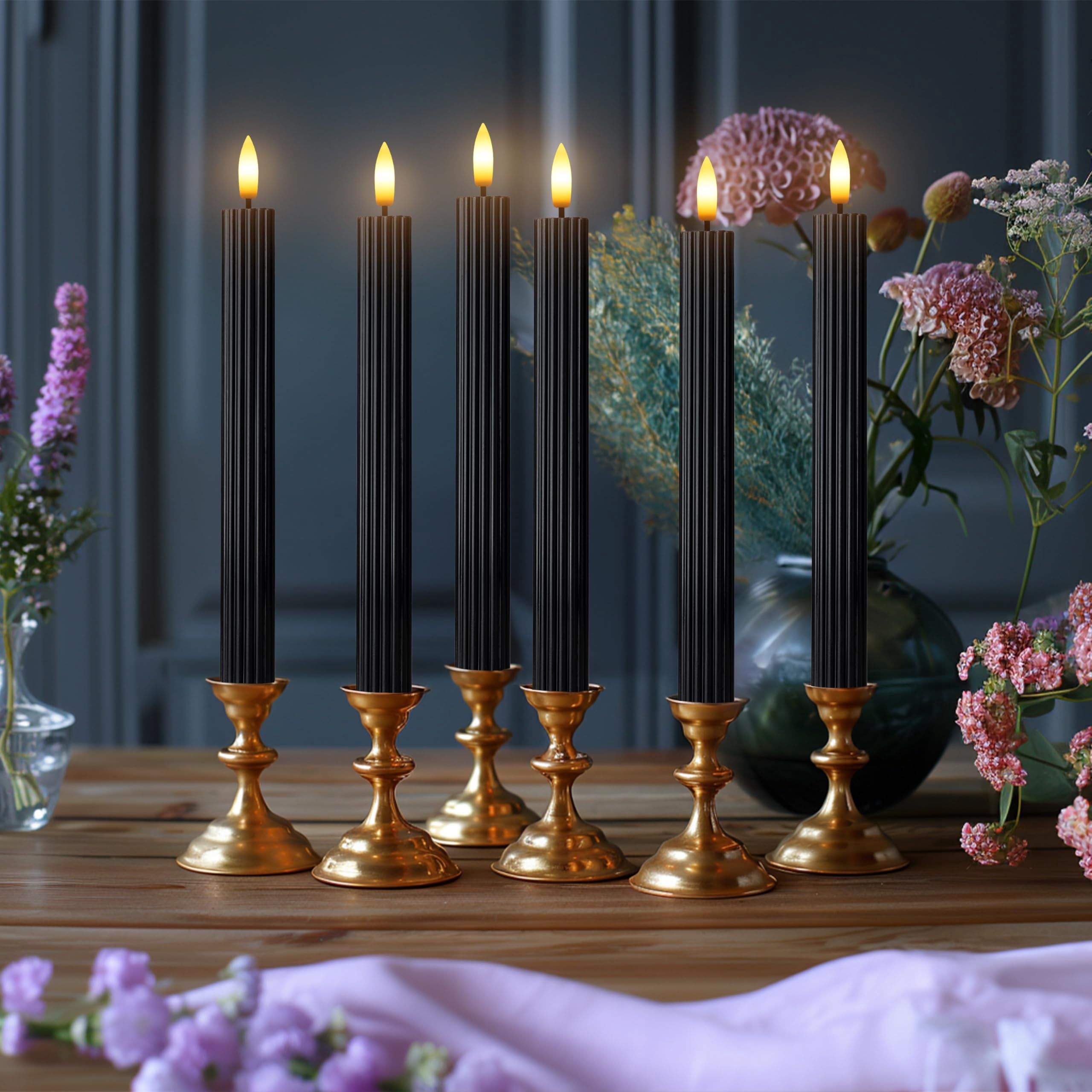 WYZworks 10" Fluted Ribbed LED Black Grooved Pillar Candles, Remote & 24h Timer Memory, On/Off Switch - Flameless Dimmable Battery Operated w/Flicker Mode, Home Wedding Decor (6 Pack)