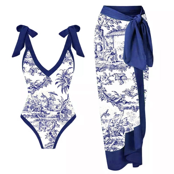 MKLEKYY Trajes De Baño Mujer Completo Women Vintage Abstract Floral Print 1 Piece Swimwear+1 Piece Cover Up Two Piece Vintage Print Swimsuit Monokini Bikini 2 Piece Swimsuits Two Piece Tankini Set