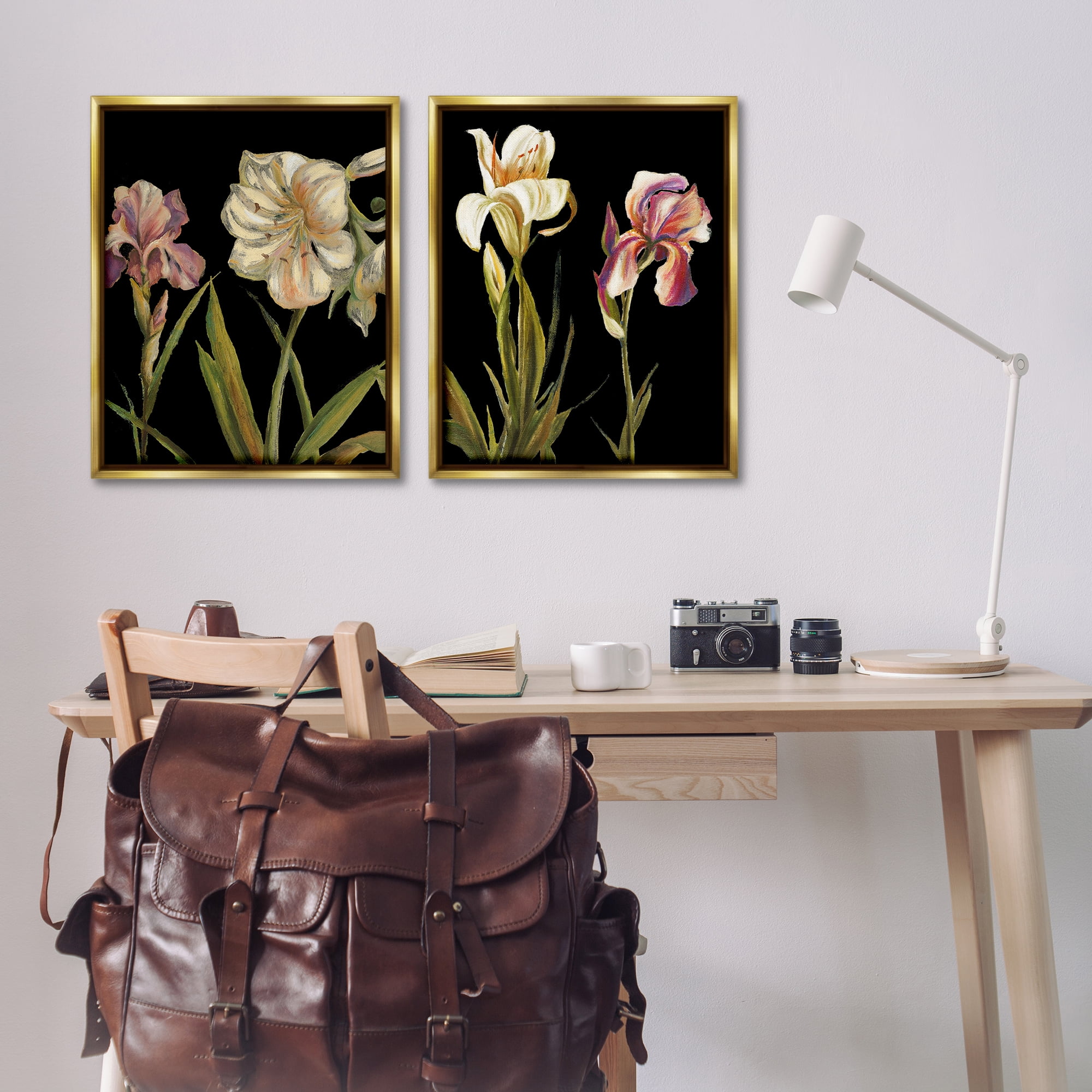 Stupell Industries Blooming Purple Iris White Lily Plants & Flowers Painting Gold Floater Framed Canvas Art Print Wall Art, 31 x 25, Set of 2