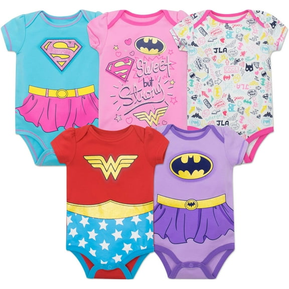 Warner Bros. Justice League Baby Girls' 5 Pack Onesies (Wonder Woman, Batgirl, and Supergirl)