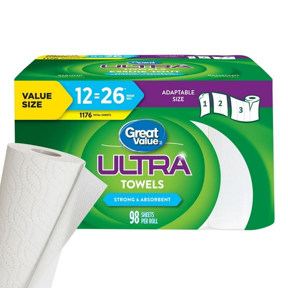 Great Value Ultra Essuie-tout, 12 équivalant à 26 rouleaux