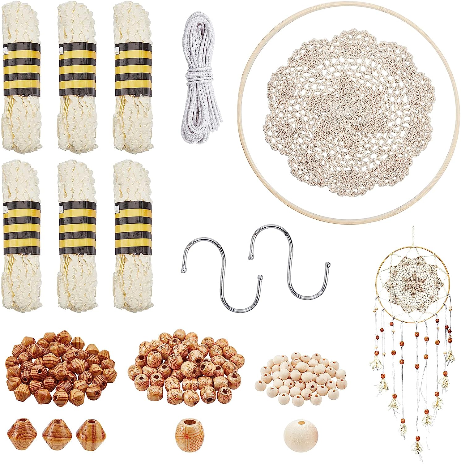 161 Pcs Wooden Beads Kits Round Barrel Bicone Wood Beads with Polypropylene Fiber Ribbons Bamboo Circle Cross Stitch Hoop Ring Cotton Lace Cup Coasters DIY Decorations Making