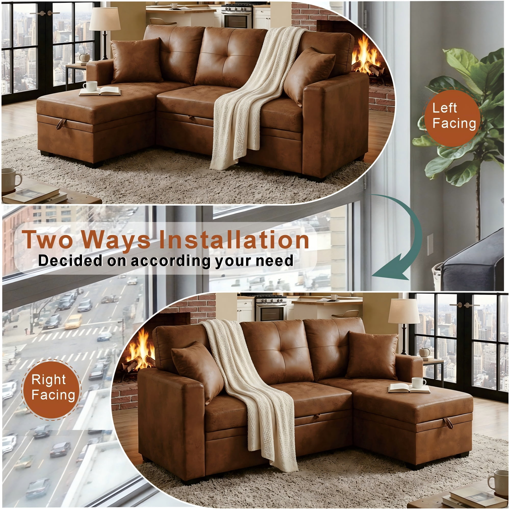 BSHTI 71" Polyester L-Shaped Pull-Out Sleeper Sofa Bed with Reversible Chaise, Hidden Storage for Living Room（Light Brown）