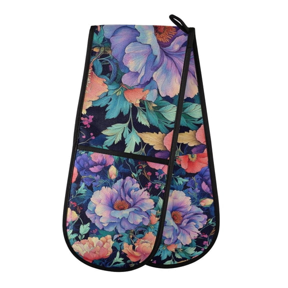 Yayeee Double Oven Mitt Kitchen Heat Resistant Baking 35" x7" Quilted Glove, Puprle Ethereal Floral Harmony