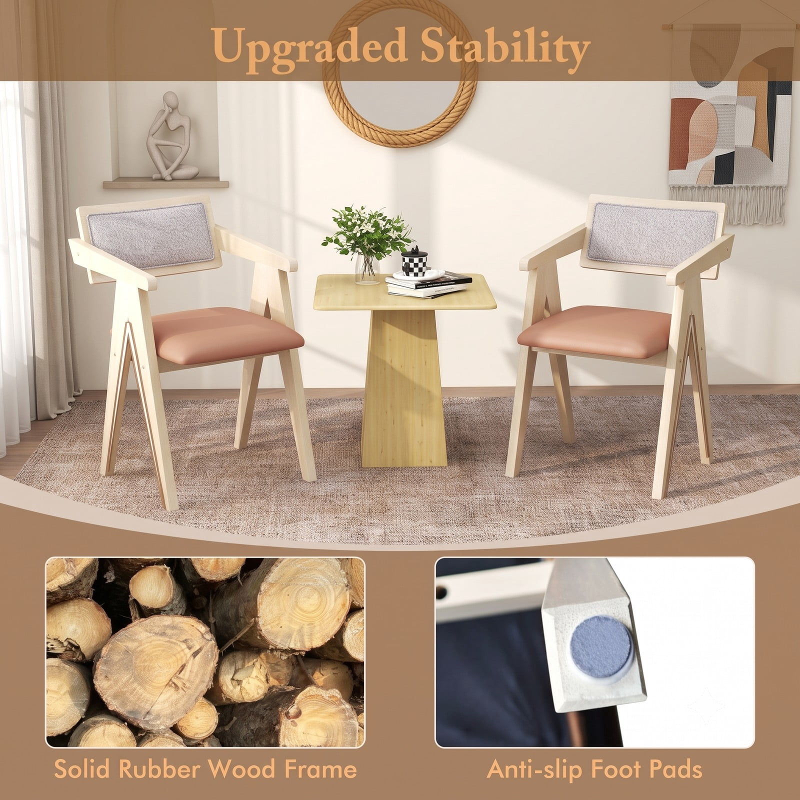 Furnibear Mid Century Modern Accent Chairs Set of 2, Upholstered Leathaire Armchair with Solid Rubber Wood Frame, Sherpa Backrest Living Room Bedroom Side Chair, Beige