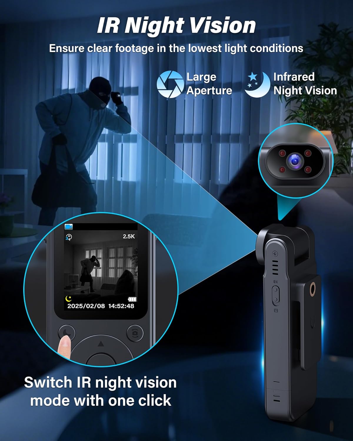MUSICOZY WiFi Body Camera 2.5K Mini Body Cam with Audio and Video Recording, Portable HD Bodycam with 180° Rotation, 180° IR Night Vision, Personal Magnetic Pocket Camera for Travel, Motion Detection