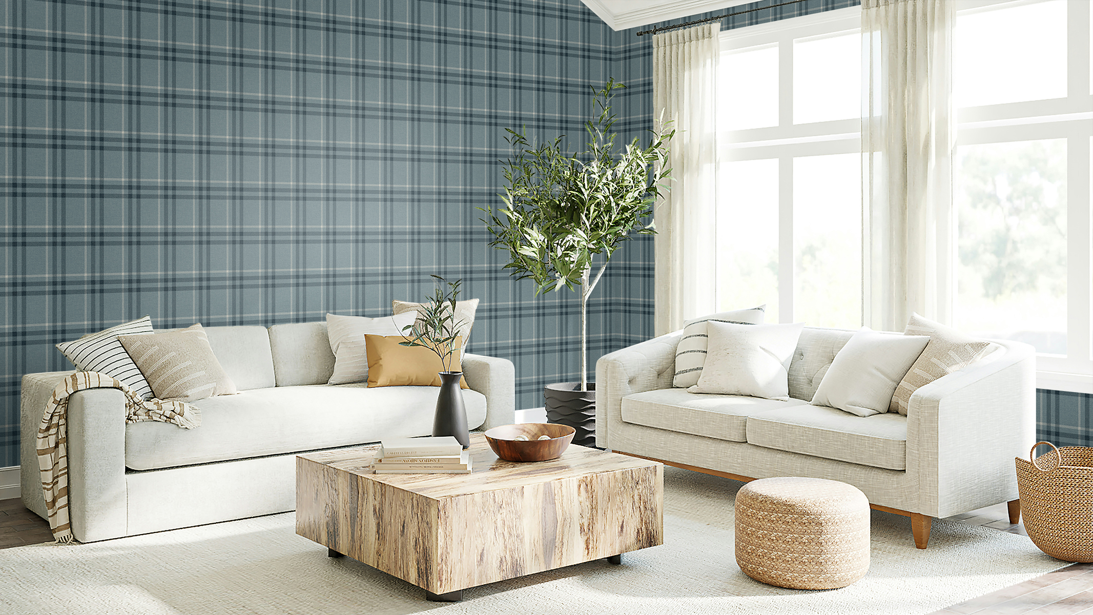 Seabrook Designs Light Blue Calverlay Plaid Prepasted Wallpaper - 20.9 in. W x 33 ft. L Roll