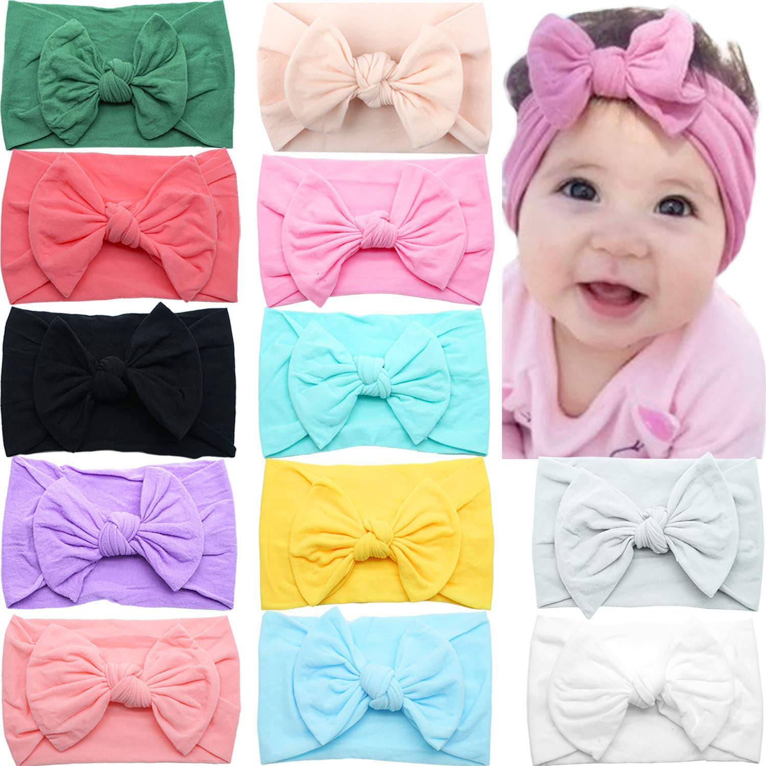 CELLOT 12 Colors Super Stretchy Soft Knot Baby Girl Headbands with Hair Bows  Head Wrap For Newborn Baby Girls Infant Toddlers Kids 