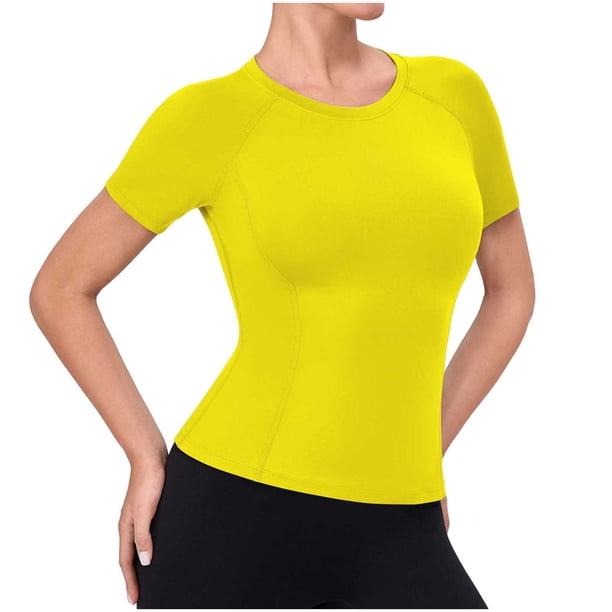 Camiseta de Manga Corta de Yoga para Mujeres Color Sólido Moda Casual Respirable Apretado Deportivo de Alta Elasticidad Camiseta de Carrera de Manga de Raglan Cuello Redondo Top de Manga Corta de Muj