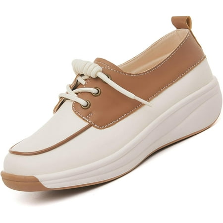 Women Leather Lace Up Platform Sneakers Walking Shoes Fashion Wedge Walking Sneakers Leather Color Blocking Loafers