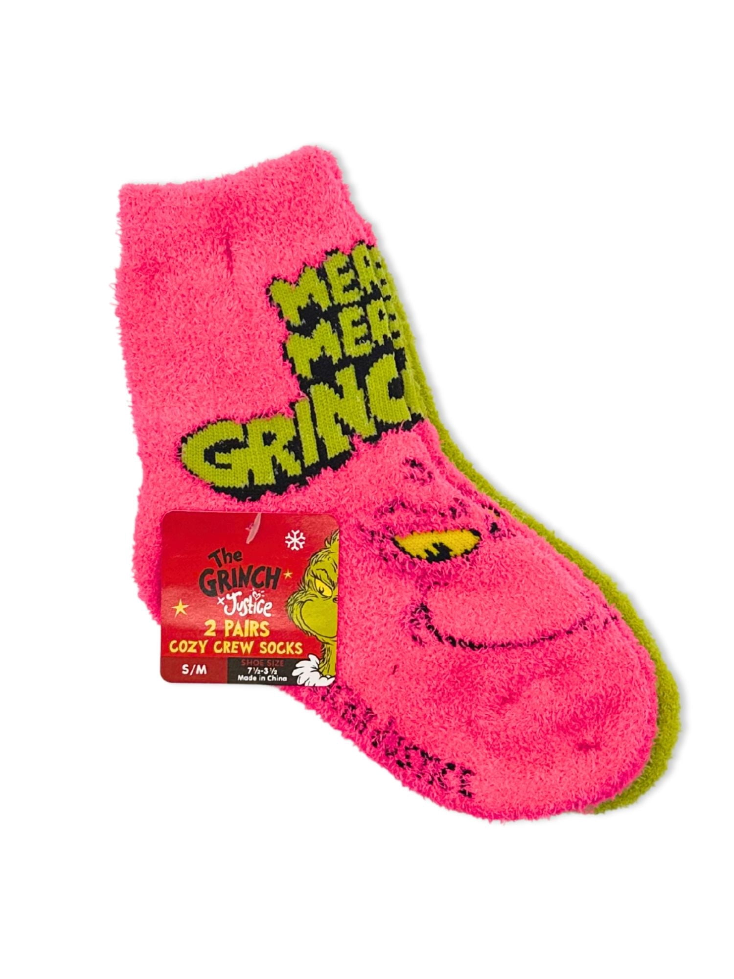 Grinch x Justice Girls Cozy Socks, 2-Pack, Sizes S/M-M/L