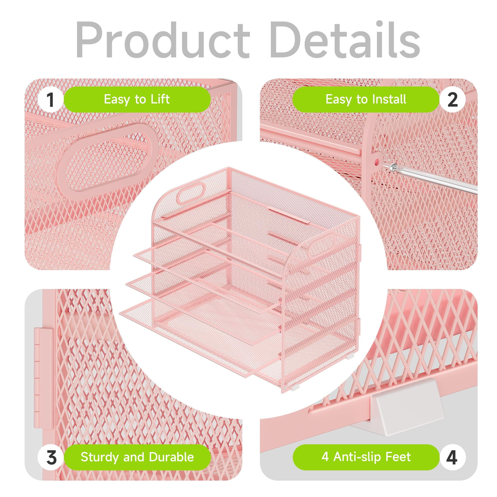 5 Tier Paper Organizer With Handle  Pink Metal Mesh Desk File Folder Letter Tray Desktop Document Sorter For Classroom School Office Accessories Organization And Storage