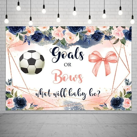 Custom Soccer Gender Reveal Goals or Bows Baby Shower Backdrop Flowers Blue or Pink Boy or Girl He or She Floral Soccer Reveal Background Party Decorations Supplies Banner Photo Booth Props 5x3ft