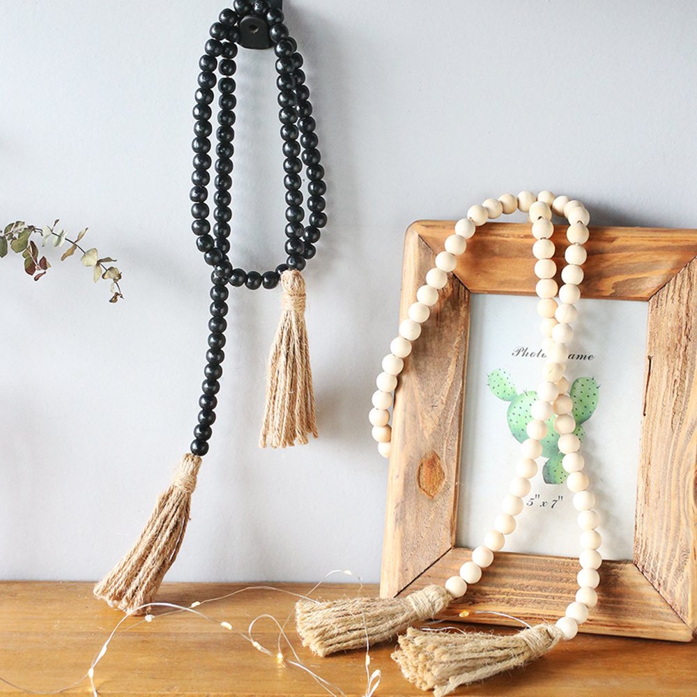 CNKOO Wood Bead Garland with Hemp Rope Tassel Elegant Handmade
